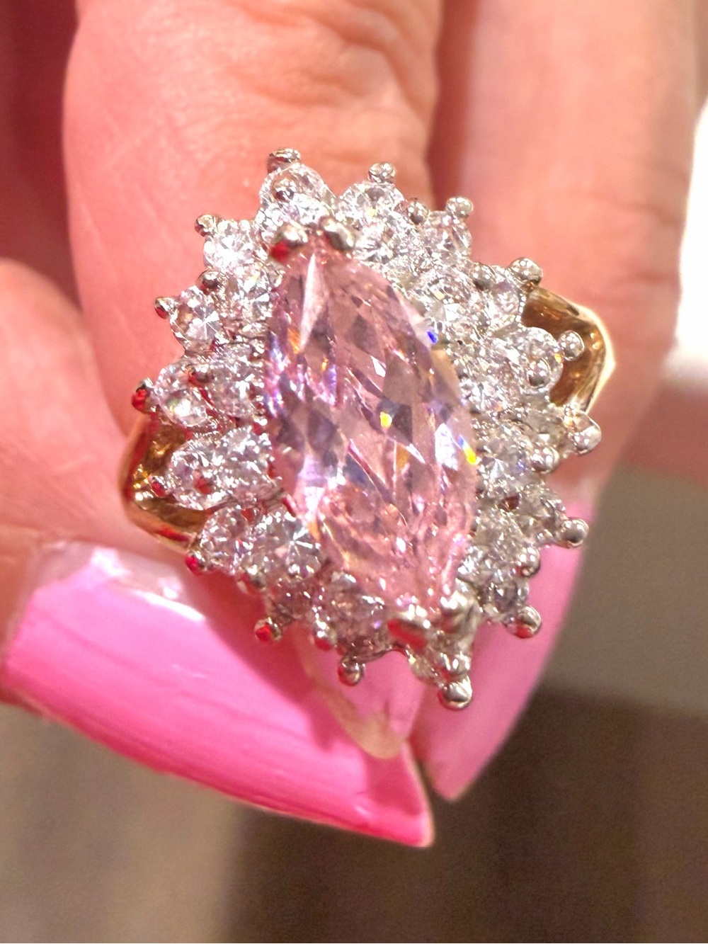 Vintage Uncas 18K HGE Pink Marquise Sunburst Cluster Cocktail Ring Sz 5
